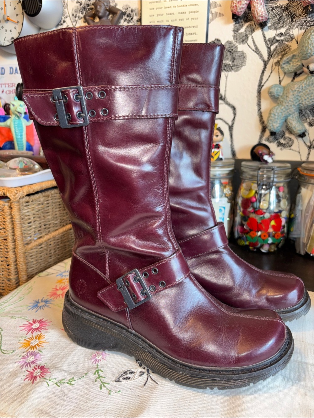 EUC Dr. Martens Milly Mid-calf Double Buckle Boots Wine Burgundy Colorway Size 7